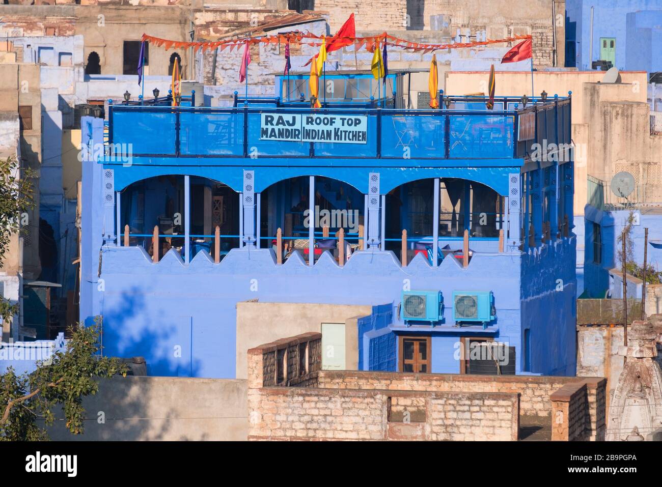 Raj Mandir tetto Top cucina indiana Blue City Jodhpur Rajasthan India Foto Stock