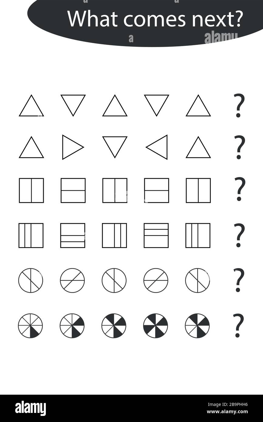 Cosa viene dopo con diverse forme geometriche per i bambini, divertente gioco di istruzione per i bambini, attività di foglio di lavoro prescolare, compito per lo sviluppo di Illustrazione Vettoriale