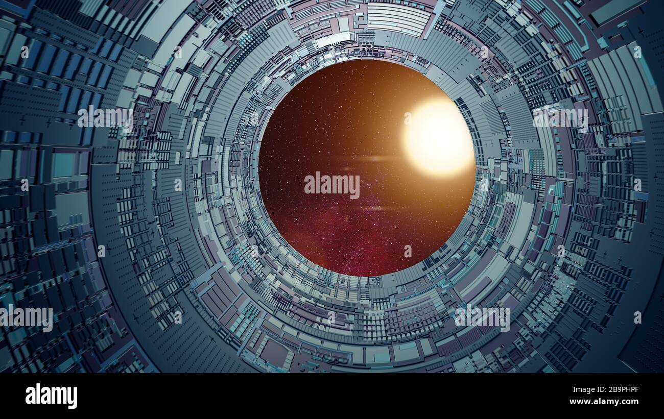 Nelle vicinanze Star e Nebula Vista dall'interno di UNO Spaceship futuristico Foto Stock