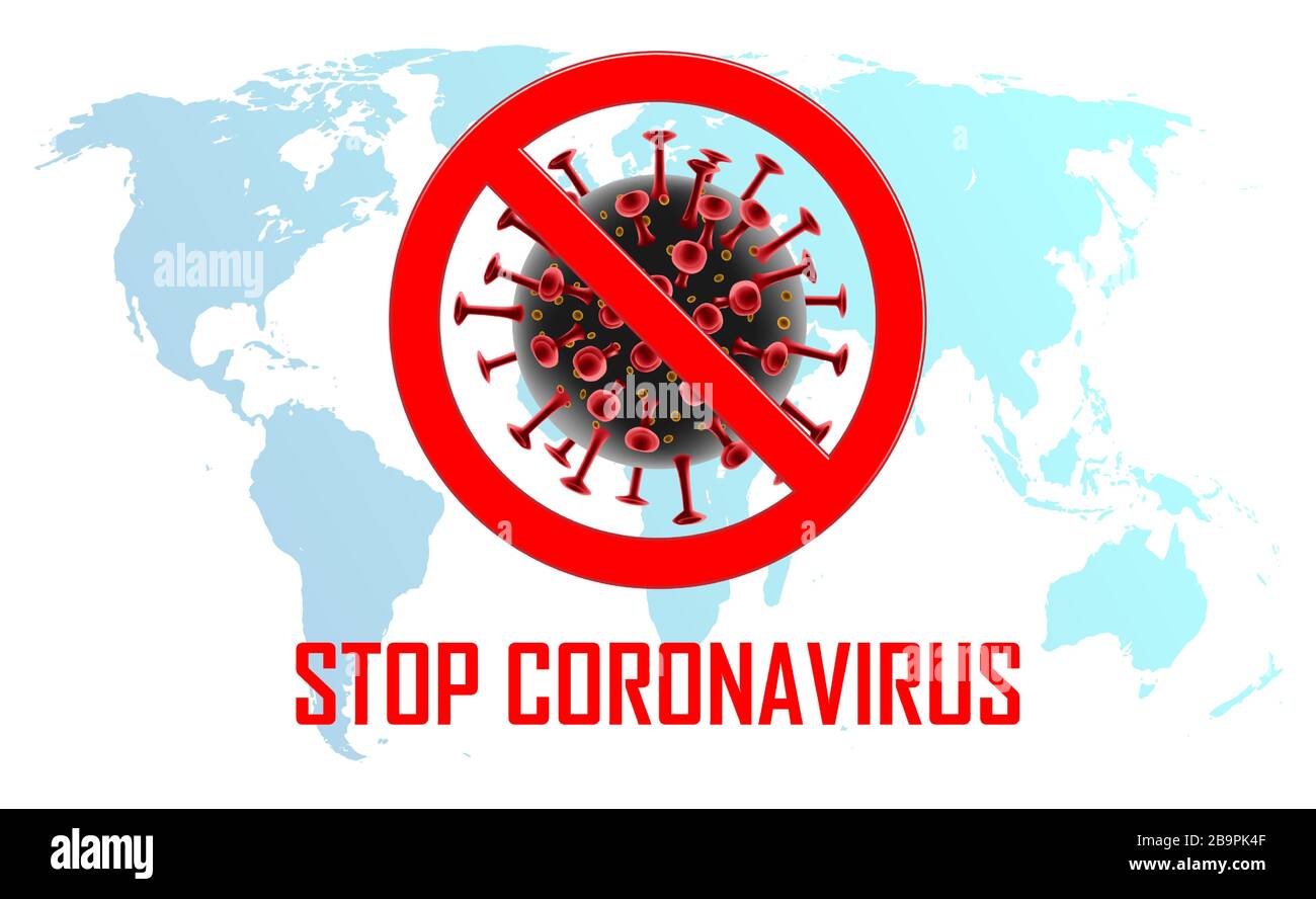 Corona Virus 2019-ncov. Bandiera dell'epidemia medica del virus, Coronavirus dalla Cina intorno al mondo. Cellula di coronavirus con vettore di segno di stop rosso Illustrazione Vettoriale