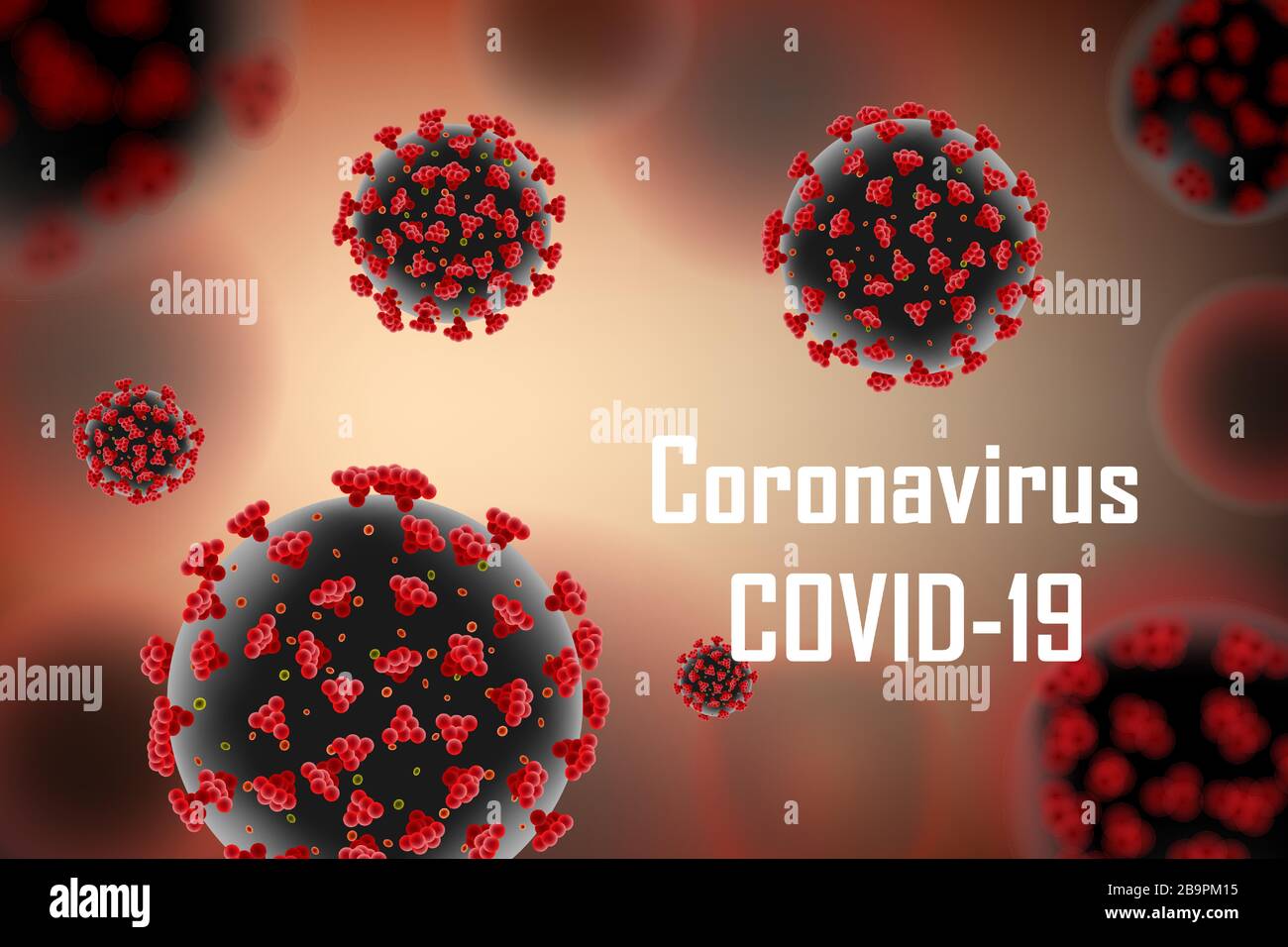 Sfondo realistico dell'epidemia medica di coronavirus. Pandemic Coronavirus 2019-ncov Alert concetto banner design. Vettore della molecola rossa delle cellule virali Illustrazione Vettoriale