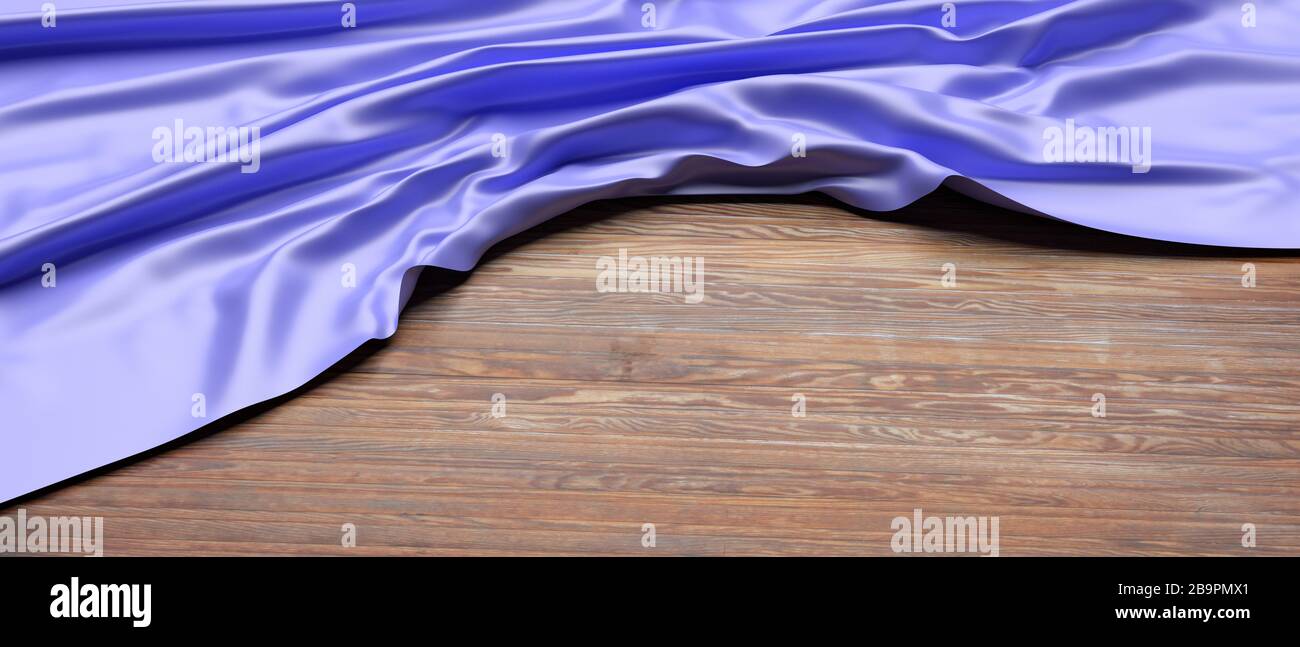 Panno blu su legno. Tovaglia di colore blu lucido su tavolo in legno, template invito, spazio copia. illustrazione 3d Foto Stock