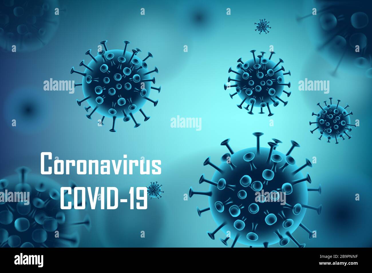 Background realistico di focolaio medico di coronavirus. Pandemic Coronavirus 2019-nCoV ad concept design banner. Illustrazione del vettore della molecola di cellula virale. Illustrazione Vettoriale