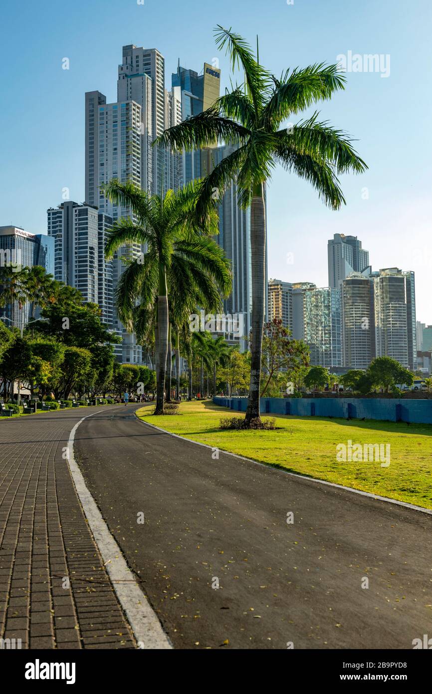 Mattina accanto a Balboa Avenue o Cinta Costera bayside Road ottenere pieno di jogging, ciclisti e pattinatori, Panama, America Centrale Foto Stock