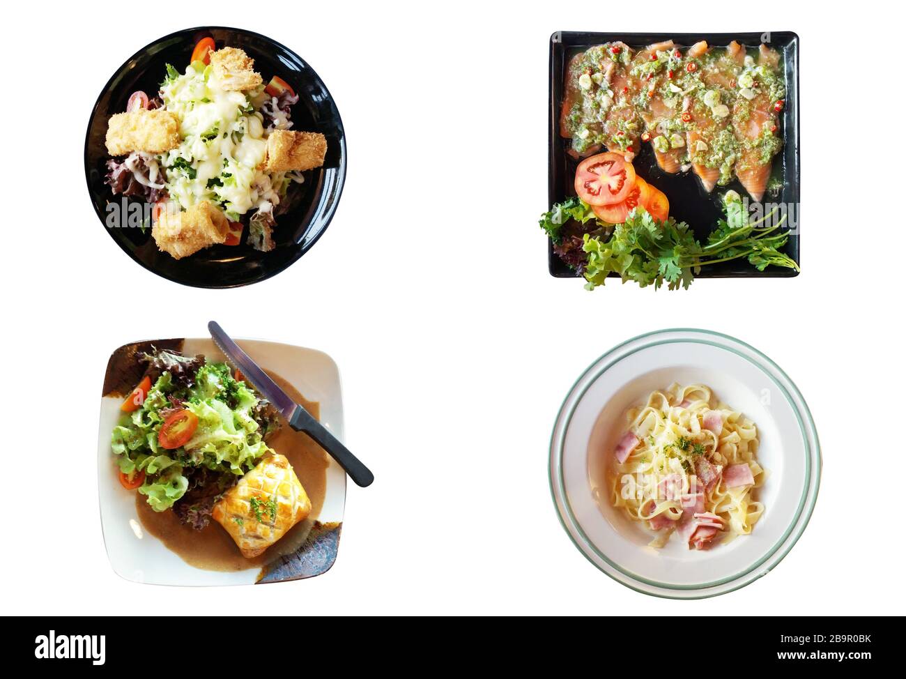 immagine di quattro piatti internazionali sulla vista dall'alto e su sfondo bianco Foto Stock