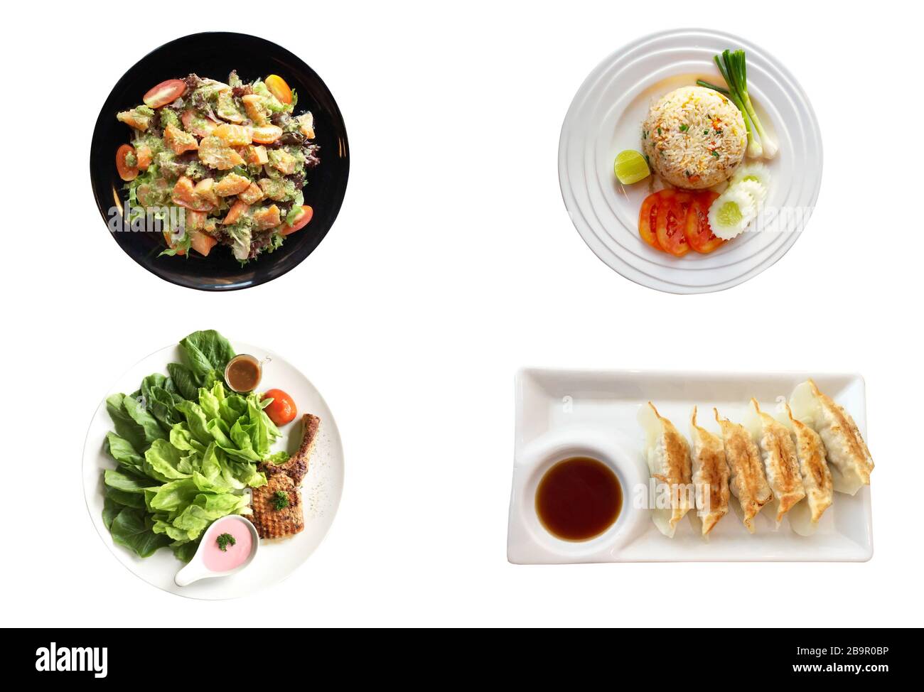 immagine di quattro piatti internazionali sulla vista dall'alto e su sfondo bianco Foto Stock