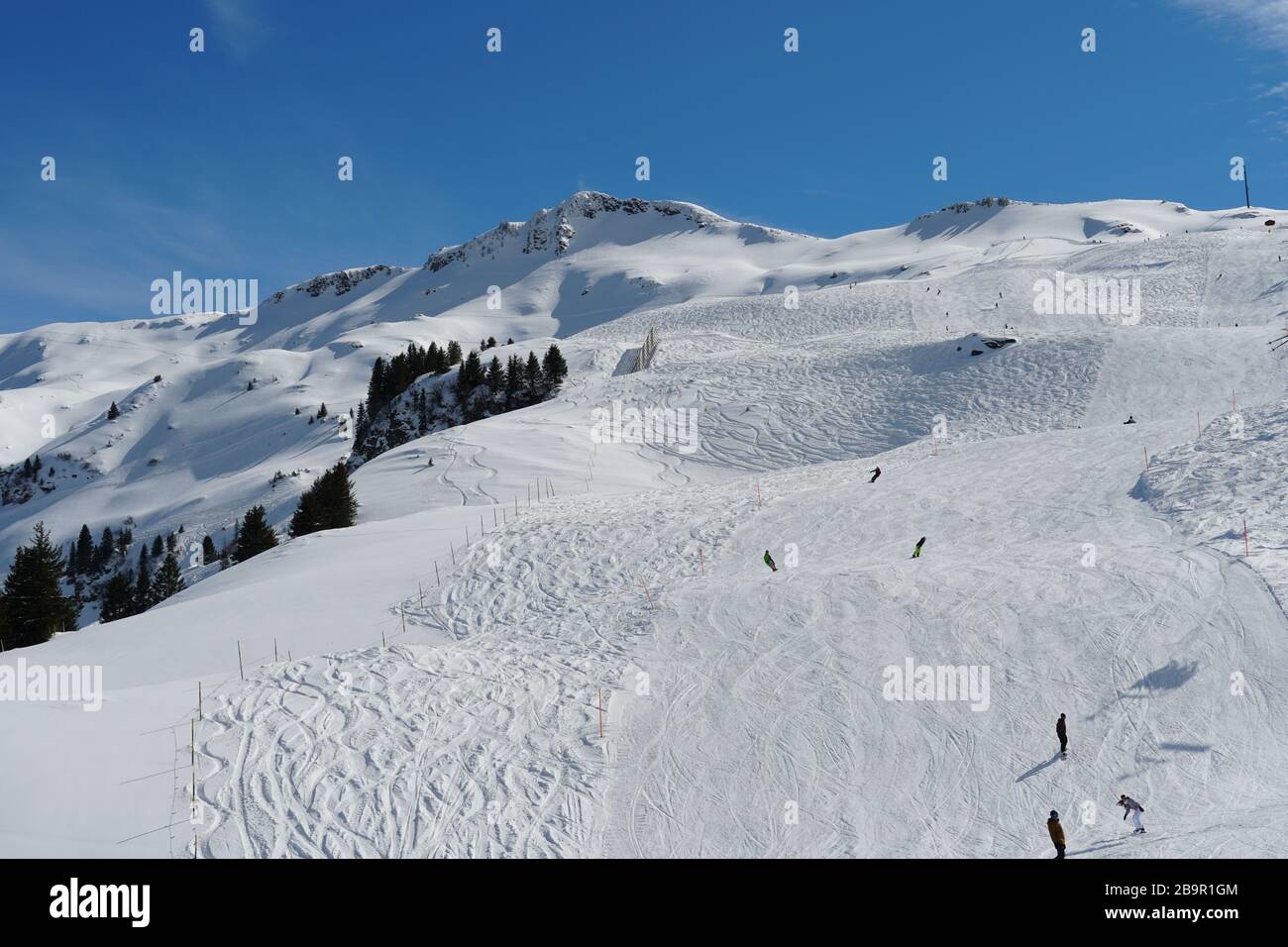 Pista per snowboard a Hoch Ybrig, in Svizzera con alcuni snowboarder. La pista è circondata da piste per lo sci alpino con ben diverso. Foto Stock