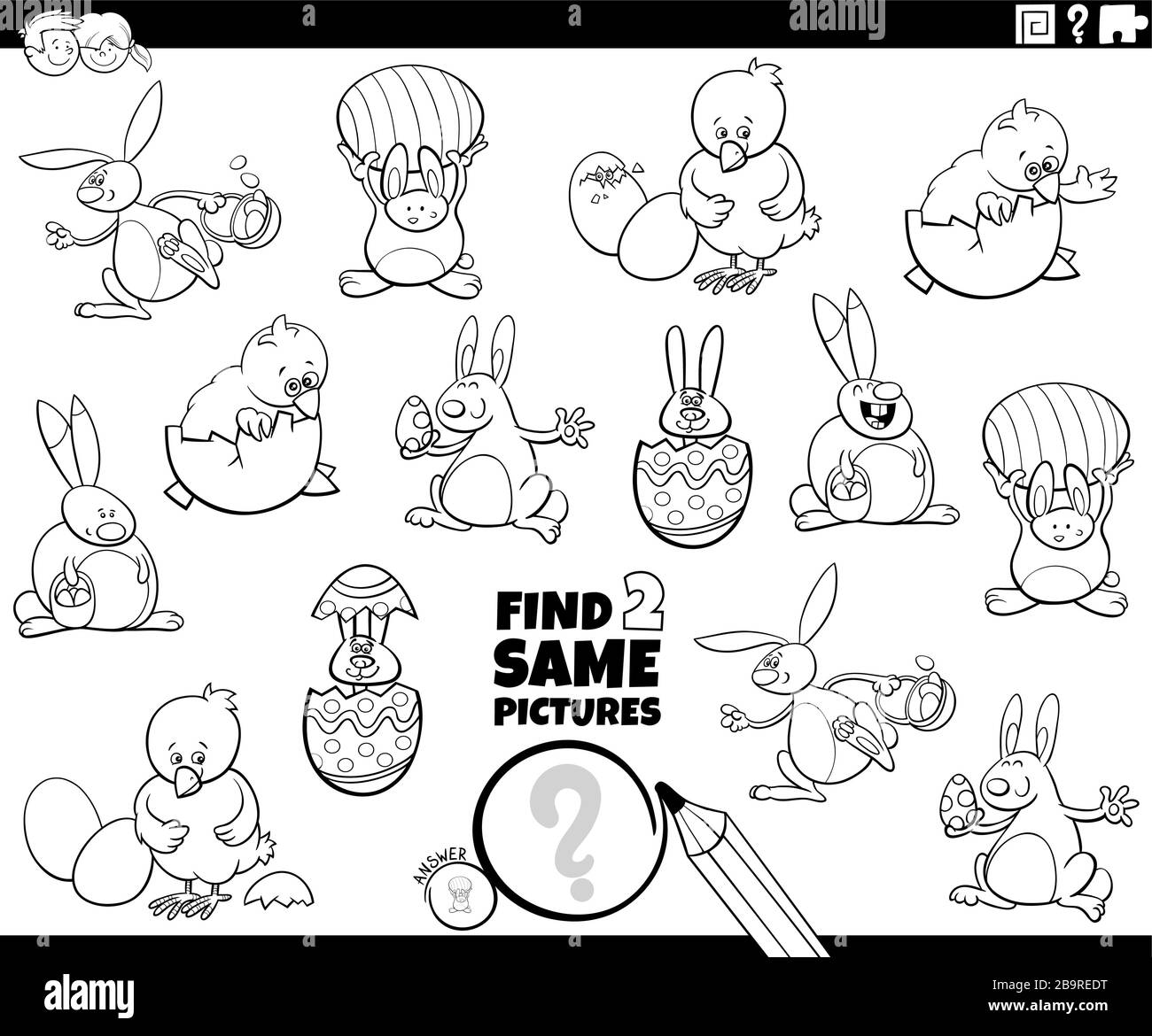 Cartoon in bianco e nero Illustrazione di individuazione di due stesse immagini compito educativo per i bambini con coniglietti pasquali e pulcini personaggi che colorano Boo Illustrazione Vettoriale