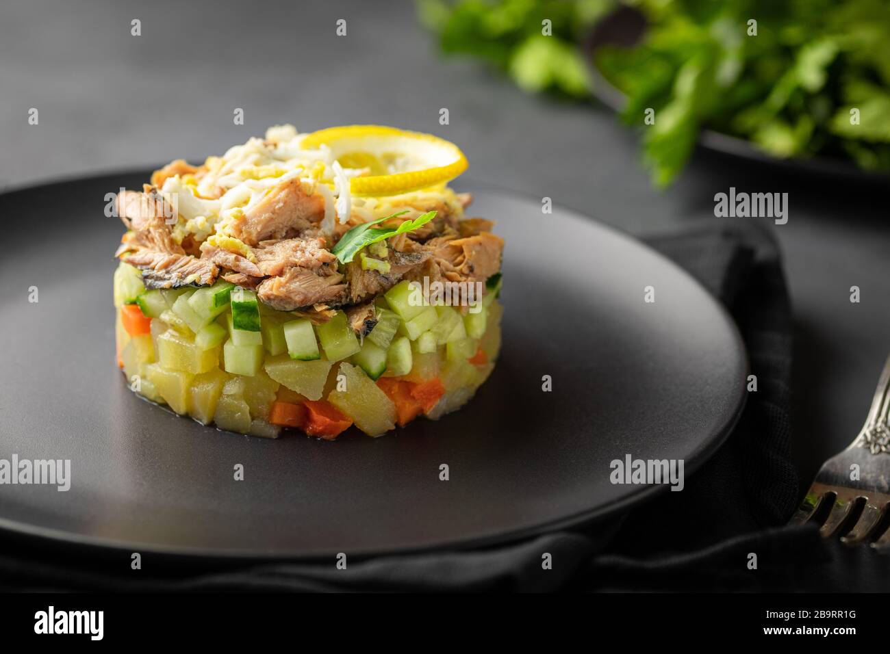 Insalata con tonno in scatola e verdure in anello culinario su piatto nero.  Sfondo scuro. Il ristorante è molto bello Foto stock - Alamy