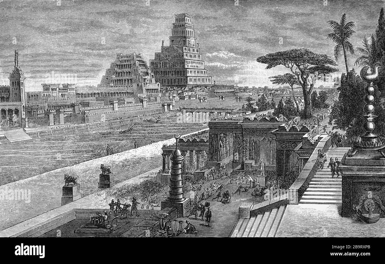 Il Babele di Nebuchadrezzar, Nebuchadnetsar, Babylon, ca 580 a.C., ricostruzione / Das Babel Nebukadrezars, Nebukadnezar, Babylon, ca 580 v.Chr., Rekonstruktion, Historisch, riproduzione digitale migliorata di un originale del 19 ° secolo / digitale Reproduktion evoriner Originaldem 19. Jahrhundert, Foto Stock