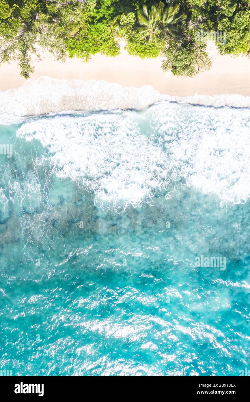 Seychelles Takamaka spiaggia Mahé Mahe ritratto formato vacanza paradiso oceano drone vista fotografia aerea Foto Stock