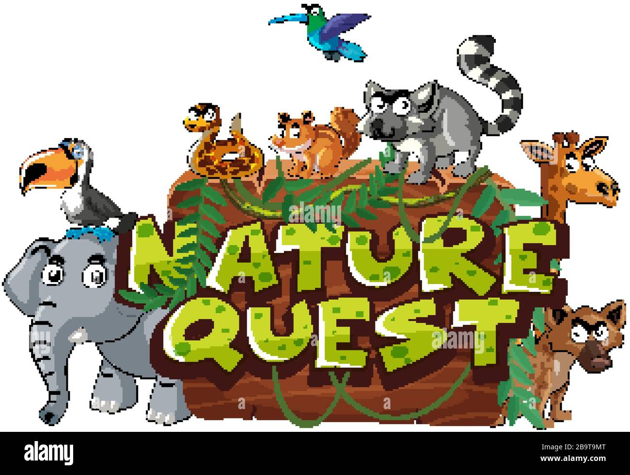 Font design per la ricerca di parola natura con molti animali selvatici illustrazione Illustrazione Vettoriale