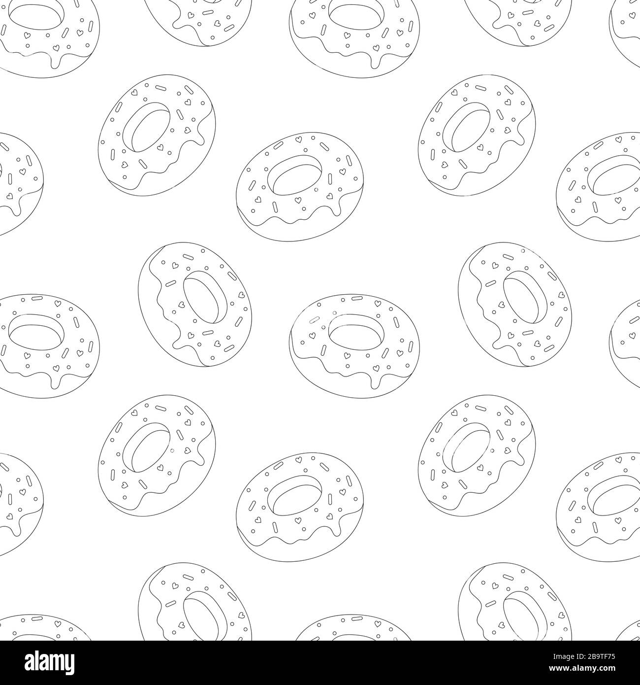 Cartoon stilizzato delizioso appetitoso ciambelle glassate con dolce decorazione Doodle, isolato, senza cuciture vettore nero e bianco motivo su un whit Illustrazione Vettoriale