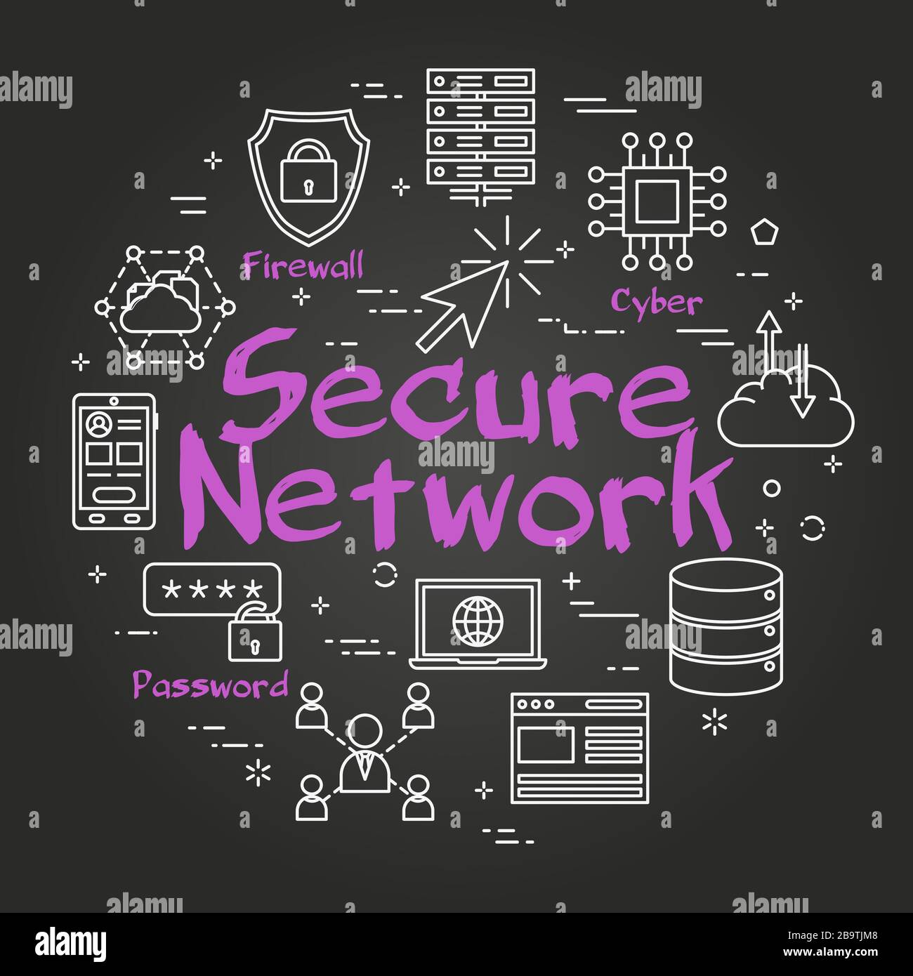 Concetto di linea nera vettoriale della tecnologia di rete sicura Internet Illustrazione Vettoriale