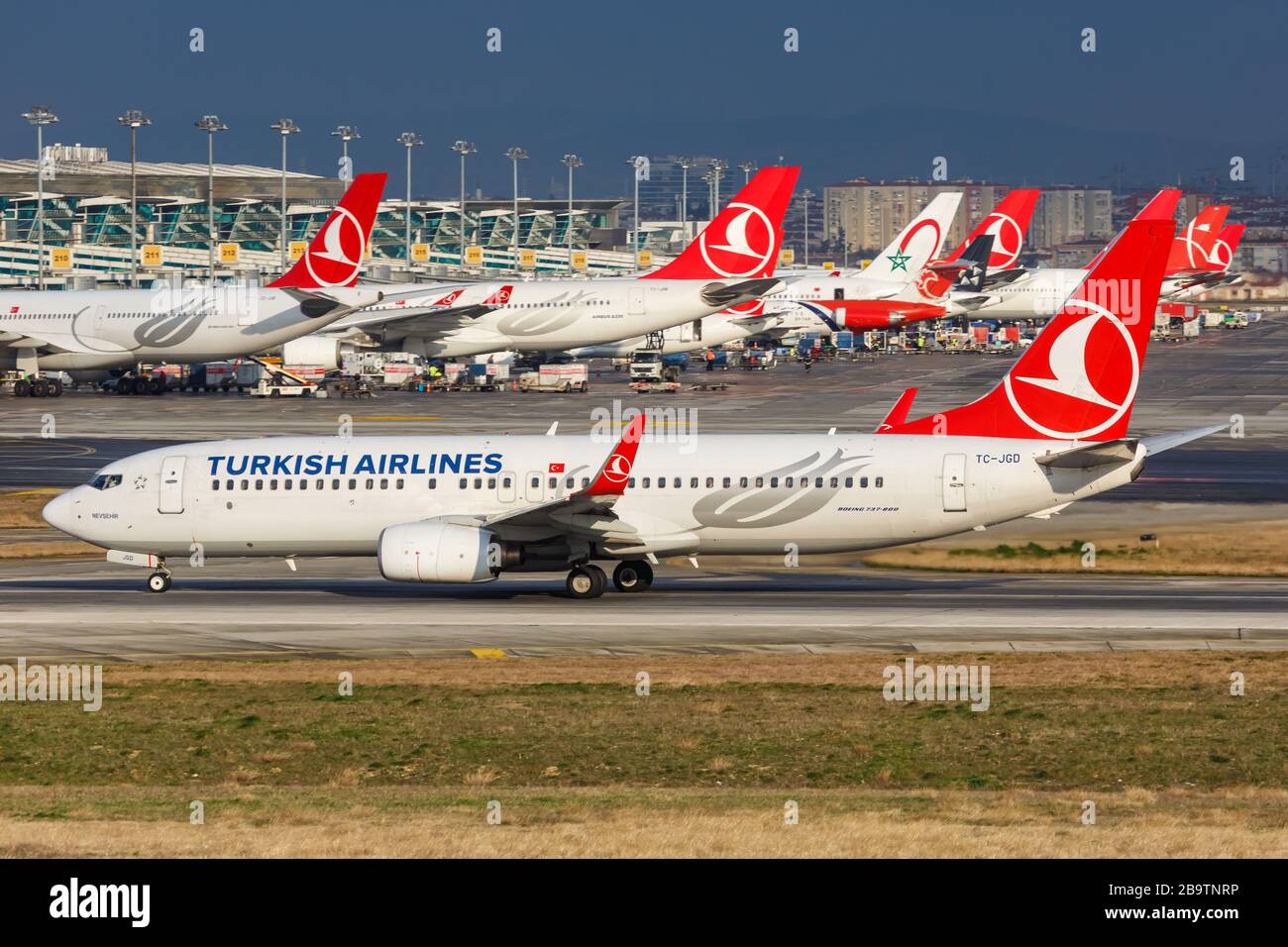 Istanbul, Turchia – 15 febbraio 2019: Aereo Turkish Airlines Boeing 737 all'aeroporto Ataturk di Istanbul (IST) in Turchia. Boeing è un aereo americano Foto Stock