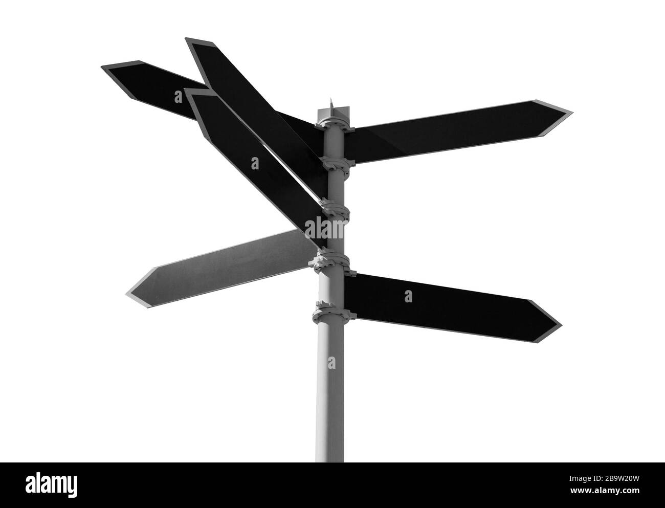 Guida vuota con etichette nere a forma di freccia isolate su sfondo bianco Foto Stock