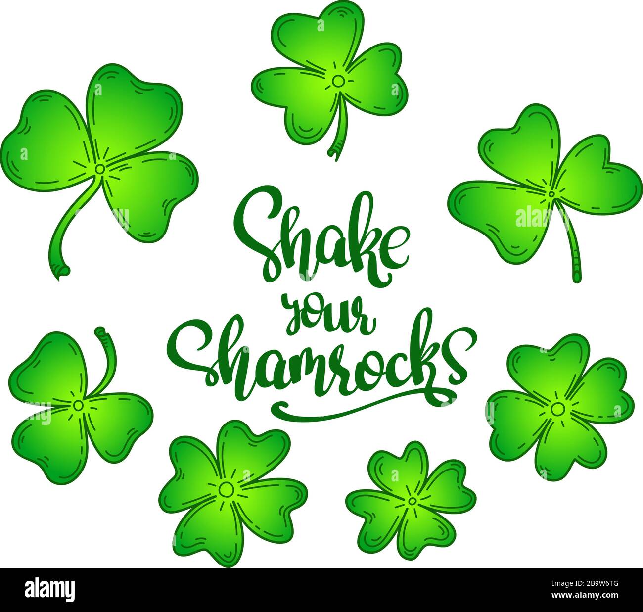 Agitare i vostri Shamrocks, vettore impostato per St.Patricks giorno, mano scritta frase scritta e 7 foglie di trifoglio Illustrazione Vettoriale
