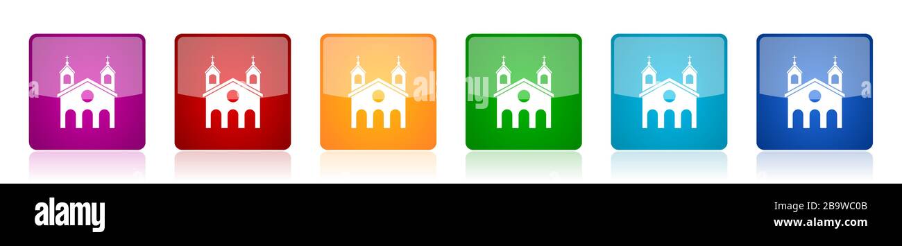Religione, icona chiesa set, colorato quadrato lucido vettore illustrazioni in 6 opzioni per web design e applicazioni mobili Illustrazione Vettoriale