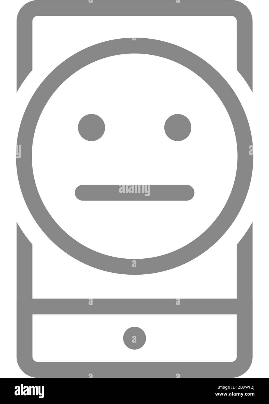 Smartphone con icona della linea del volto neutra. Insoddisfazione del cliente, simbolo cliente non soddisfatto Illustrazione Vettoriale