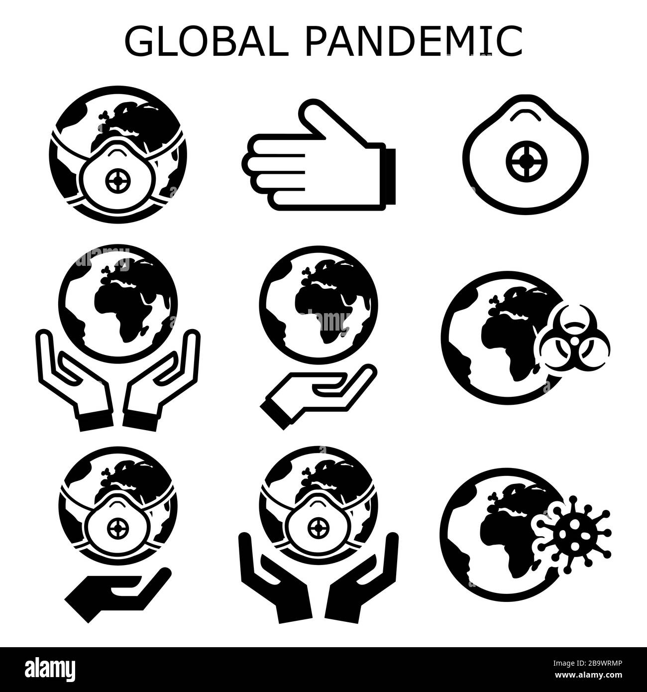 Icone vettoriali pandemiche globali set, proteggere il mondo dalla diffusione di un virus, Globe in epidemic Danger Concept Illustrazione Vettoriale