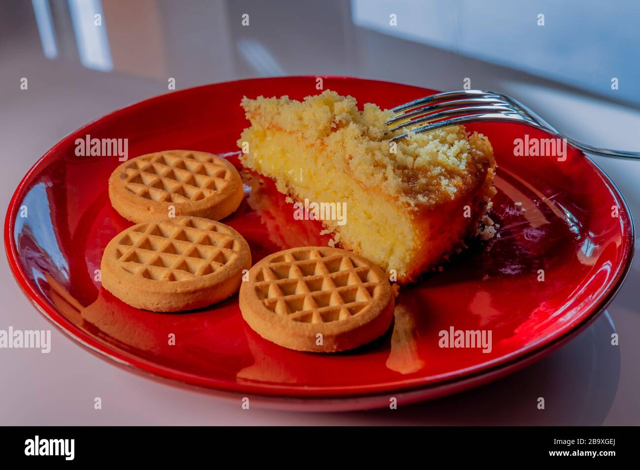 Il delizioso dessert tradizionale italiano chiamato mimosa con biscotti su un piatto di ceramica di colore rosso Foto Stock