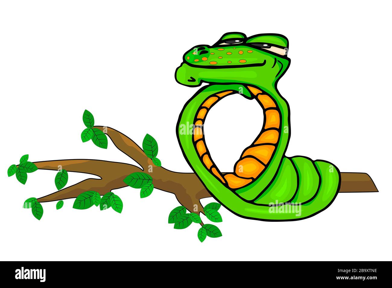 Serpente verde isolato su sfondo bianco. Serpente divertente guardando sognante su un ramo di albero. Viper serpente mascotte animale cartoon personaggio. Vettore di stock Illustrazione Vettoriale