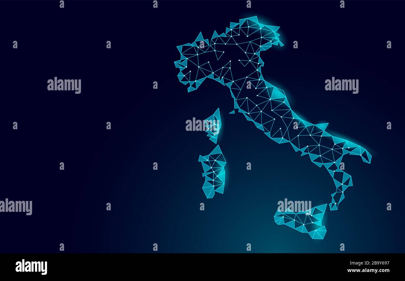 Mappa del contorno geografico dell'Italia. Banner digitale 3D a bassa poli. Epidemia internazionale di viaggi in un paese a livello mondiale. Europa zona Unione paesaggio vettore Illustrazione Vettoriale