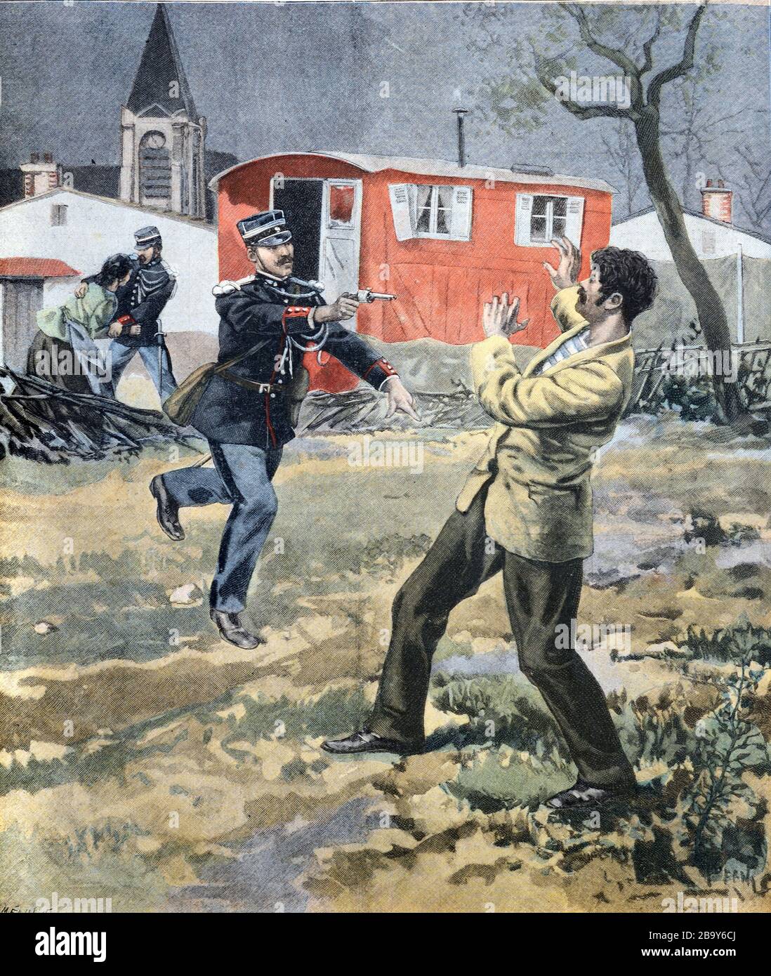 Polizia francese arresto coppia di Zingari, Roma, Romani o viaggiatori accusati di rapimento di bambini di nome ragazzo Emile Loup nel 1898 Francia Foto Stock