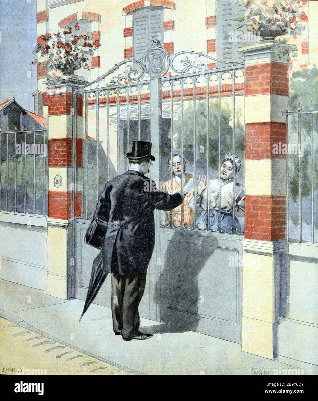 Zola Affair e Trial di Emile Zola in relazione alla Dreyfus Affair. Notifica di arresto da parte di Huissier de Justice alla Casa di Zola 1898. Vintage o Vecchia illustrazione Foto Stock