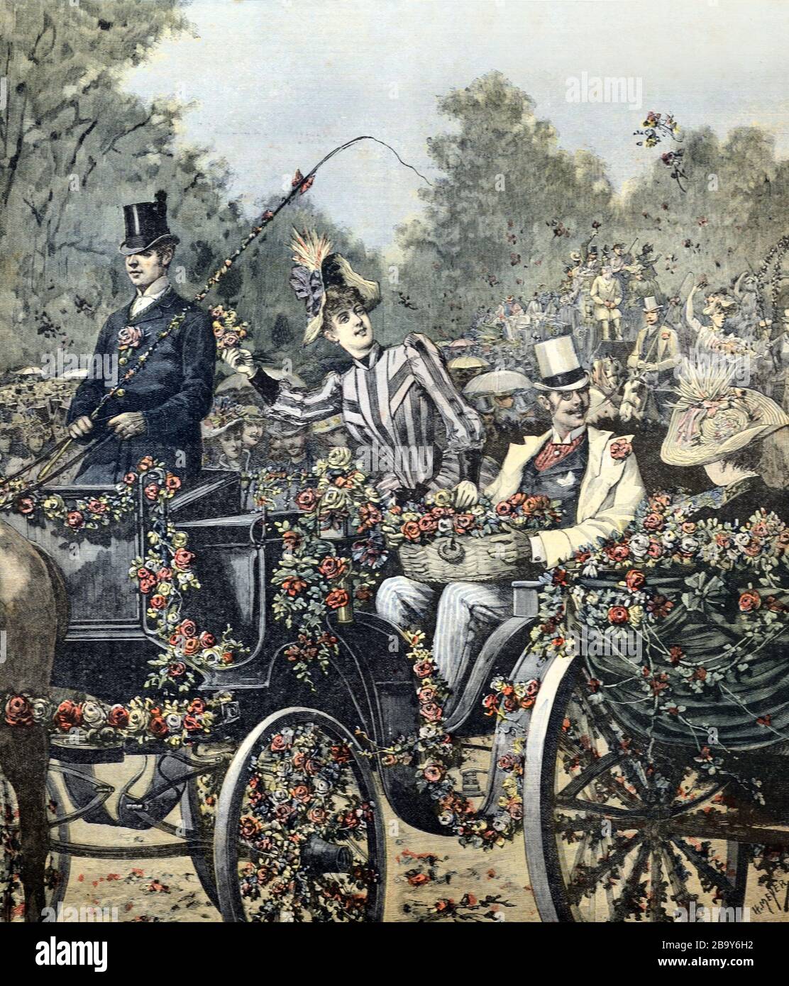 Flower Festival & Processione in carrozza aperta o Cavallo e Coaches nelle strade di Parigi Francia 1891. Vintage o Vecchia illustrazione Foto Stock