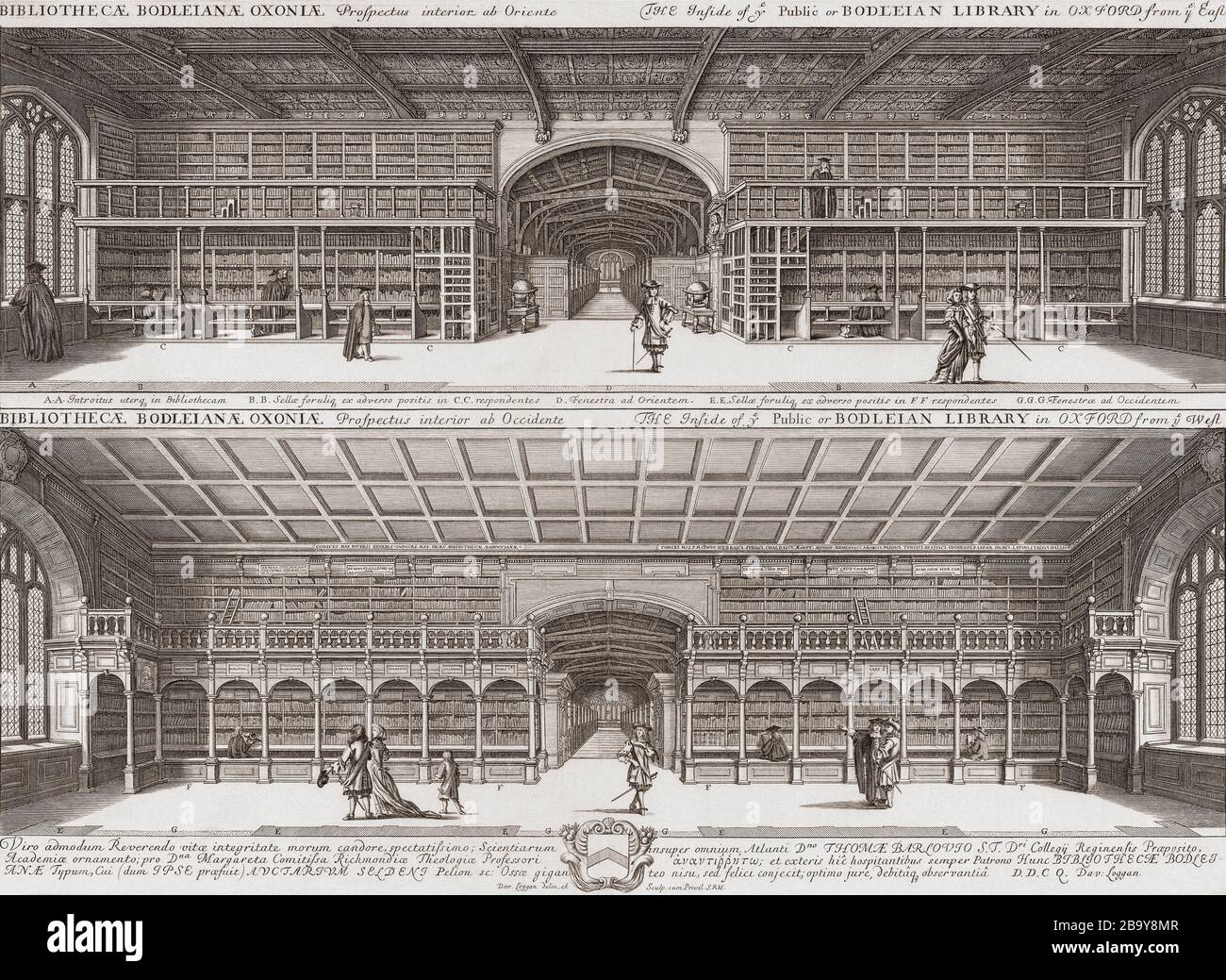 Interno della Bodleian Library, Oxford, Inghilterra. Dopo un'opera del XVII secolo dell'artista inglese David Loggan. Foto Stock