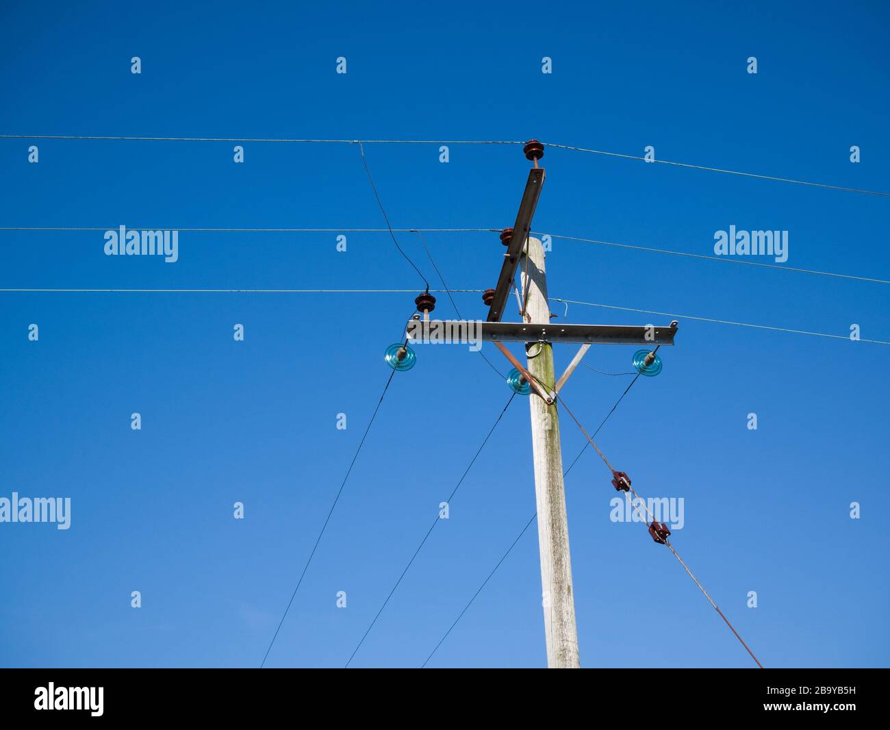 Cavi di distribuzione elettrica trifase ad alta tensione da 11 kv montati su palo in legno. Foto Stock