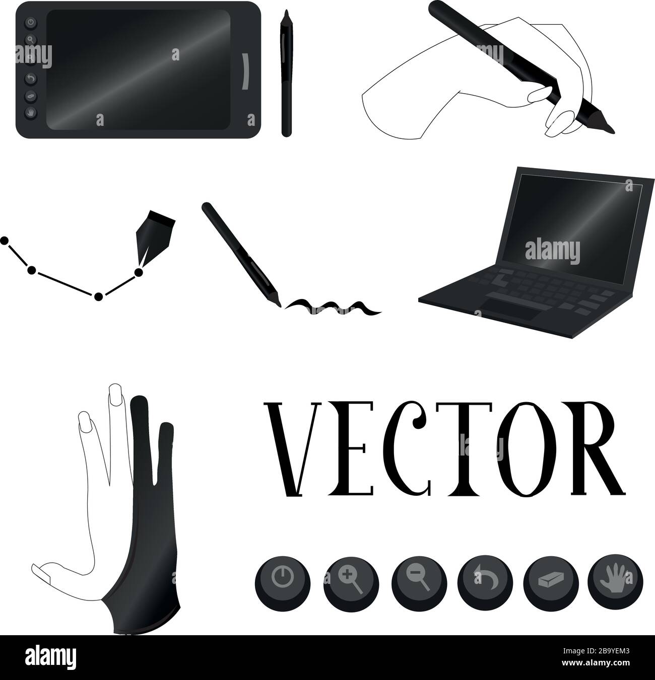 Oggetti per il disegno digitale. Tablet, notebook e stilo. Lavoro freelance a casa. Designer e artisti. Illustrazione Vettoriale