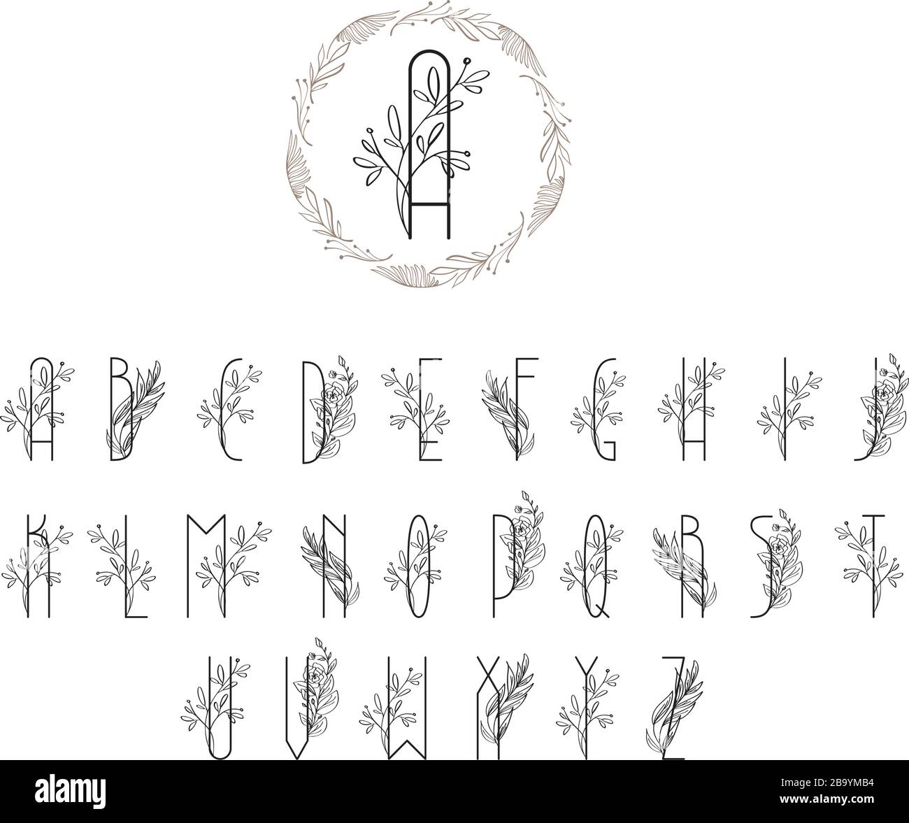 Logo con carattere floreale estivo o primaverile. Logo floreale in maiuscolo vintage. Modello di invito al matrimonio, lettere eleganti con ramo d'albero Illustrazione Vettoriale