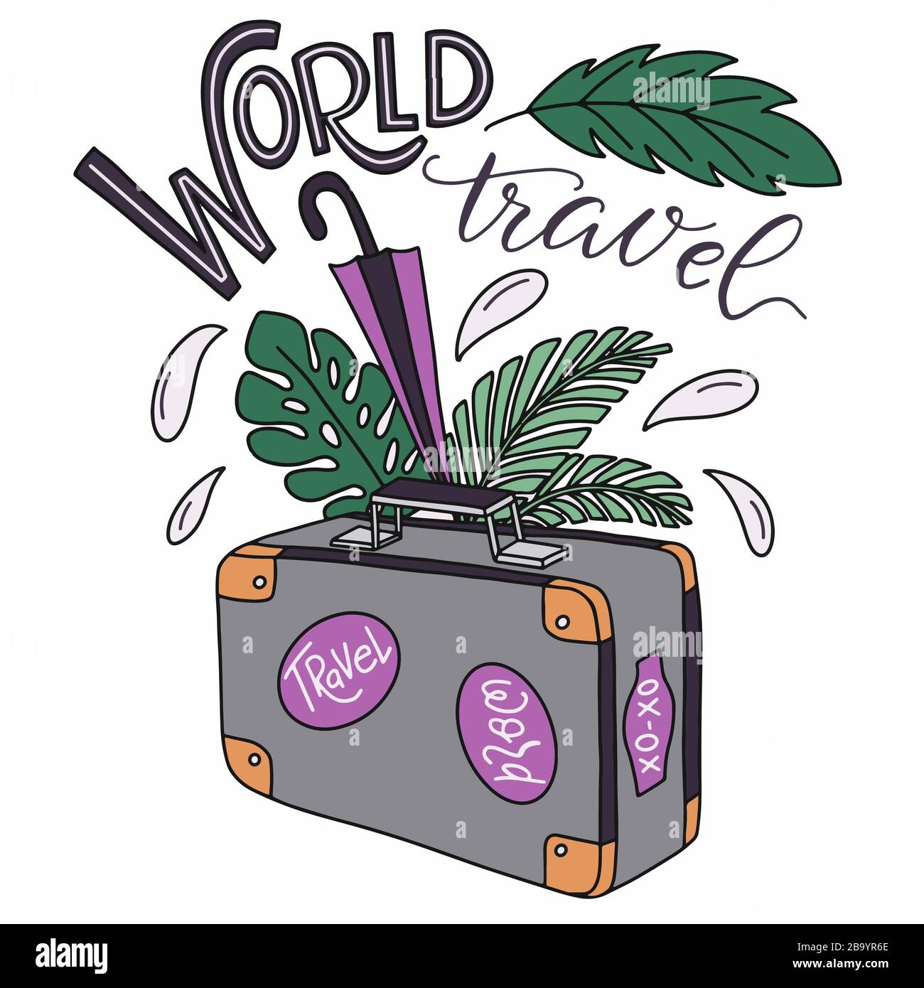 Illustrazione vettoriale sul tema del viaggio - una valigia, foglie tropicali e l'iscrizione - viaggio mondiale, su sfondo bianco. Per la progettazione di Illustrazione Vettoriale