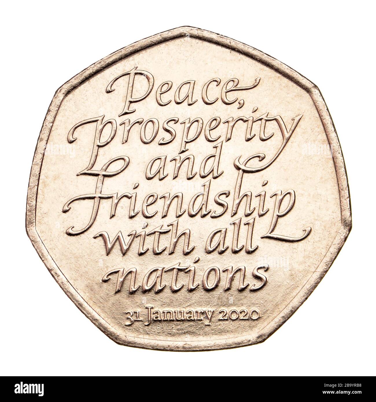 Moneta commemorativa britannica da 50p. Brexit - la Gran Bretagna lascia l’Unione europea il 31 gennaio 2020 Foto Stock