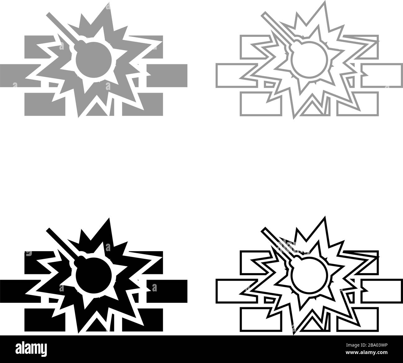 Macchina demolita di lavoro su costruzione di edifici distruggendo muro di mattoni con palla di metallo Wrecking casa home concetting icona contorno set grigio nero Illustrazione Vettoriale