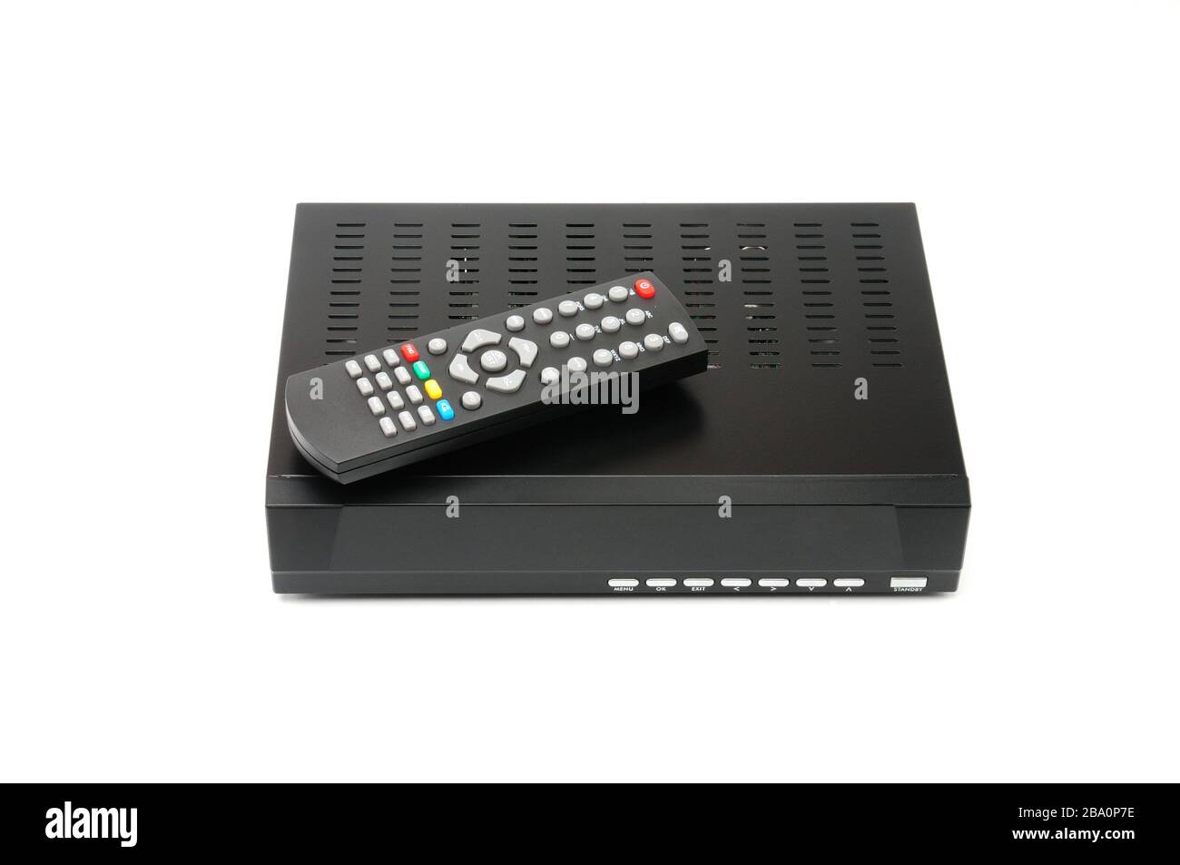 Sintonizzatore TV digitale con telecomando su sfondo bianco isolato Foto Stock