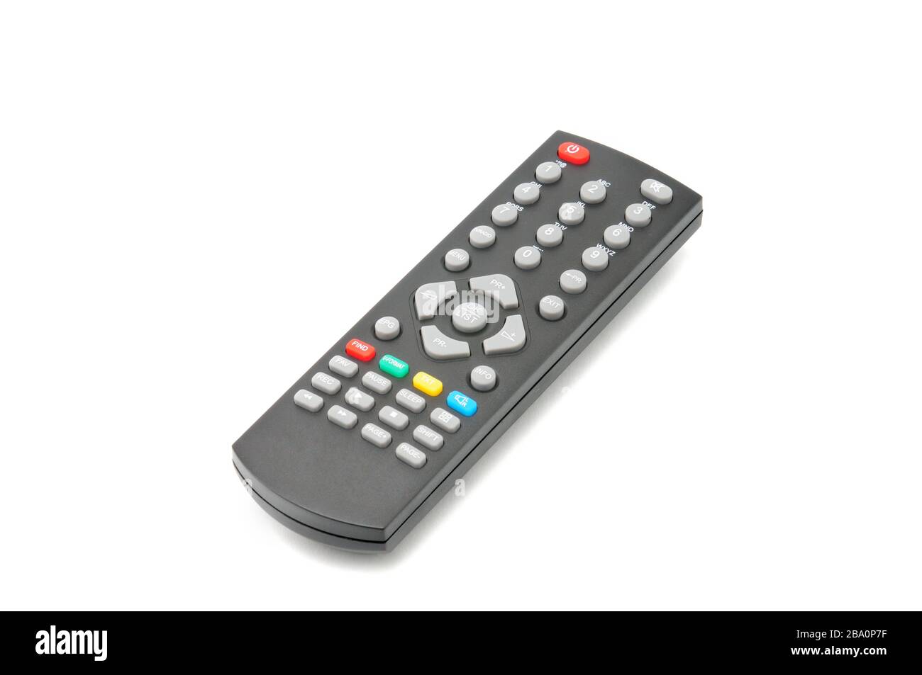 Telecomando per sintonizzatori TV digitali, lettori musicali e unità disco su sfondo bianco isolato Foto Stock