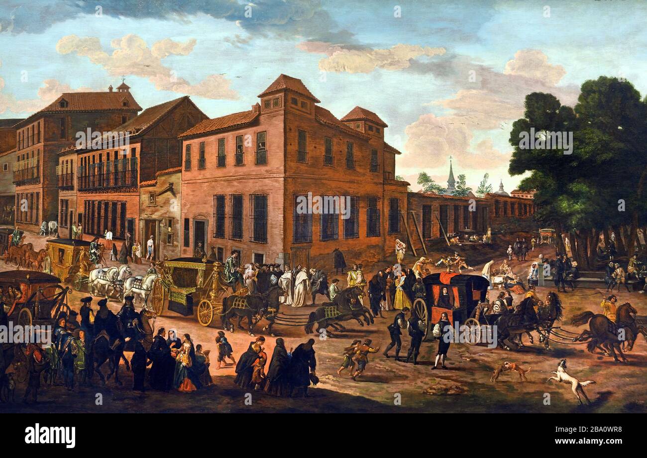 Vista della Carrera de San Jerónimo e il Paseo del Prado con una processione di carrelli 1680 Jan van Kessel III Belgio Spagna Foto Stock