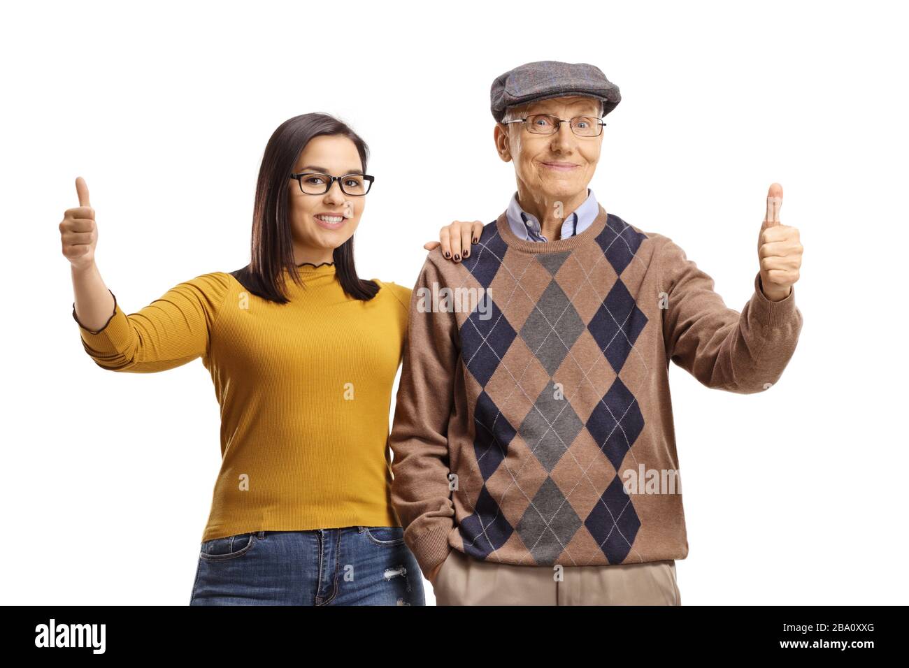 Uomo anziano e giovane donna che mostrano pollici isolati su sfondo bianco Foto Stock