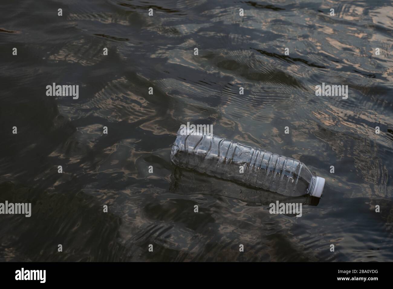 Bottiglia di plastica per rifiuti usata che galleggia sull'acqua in un canale, approccio ecologico concetto di inquinamento e ambiente Foto Stock