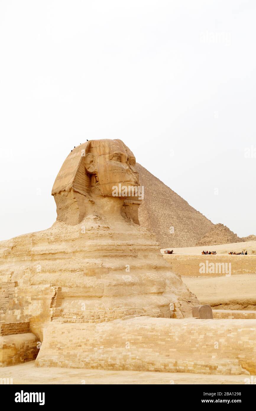 La Grande Sfinge di Giza, presso la Grande Piramide di Khufu, all'Altopiano di Giza al Cairo, Egitto. Si pensa che lo sfinge abbia più di 4,500 anni. Foto Stock