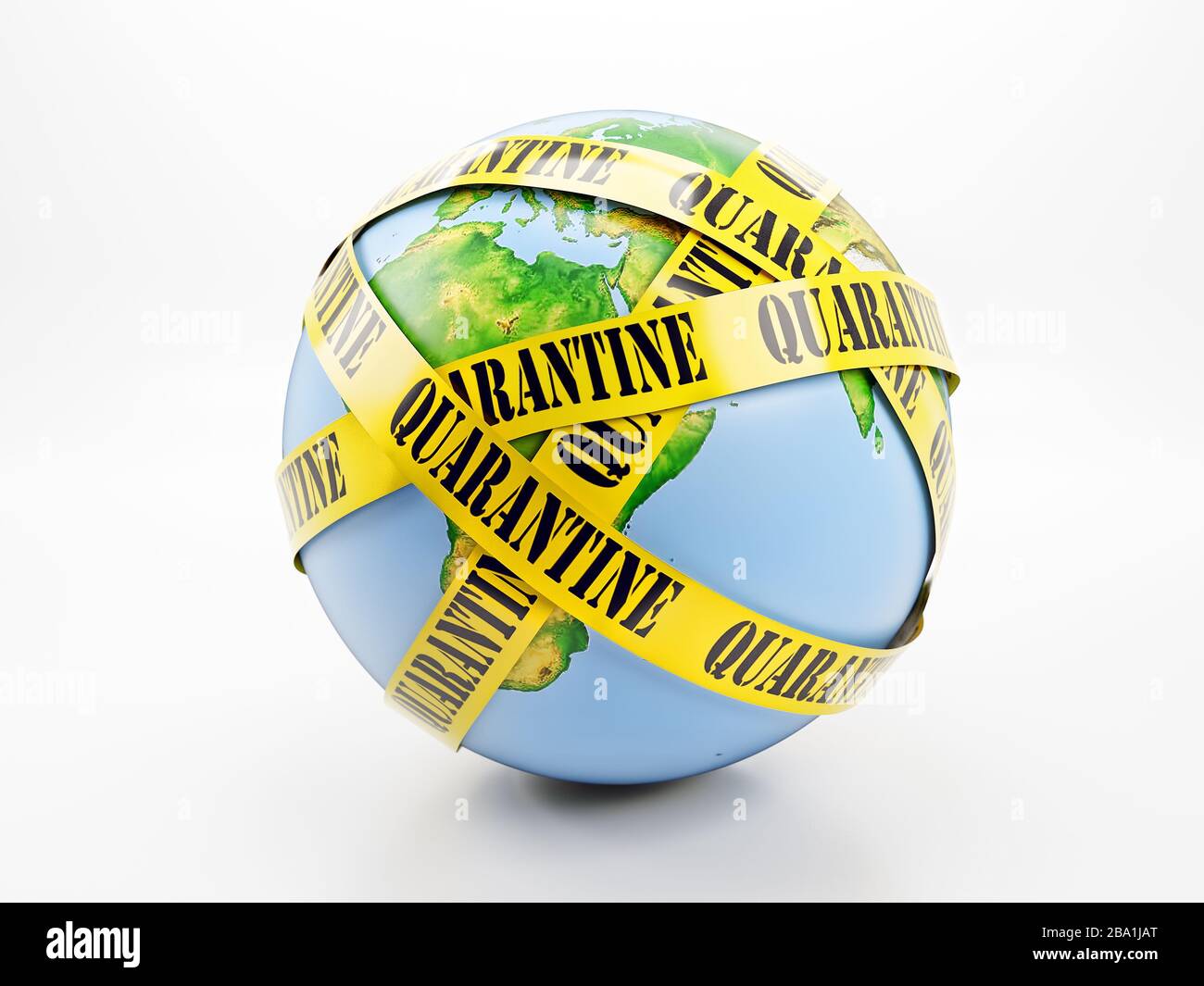 Rendering 3D di Planet Earth avvolto con nastro di quarantena giallo su sfondo bianco Foto Stock