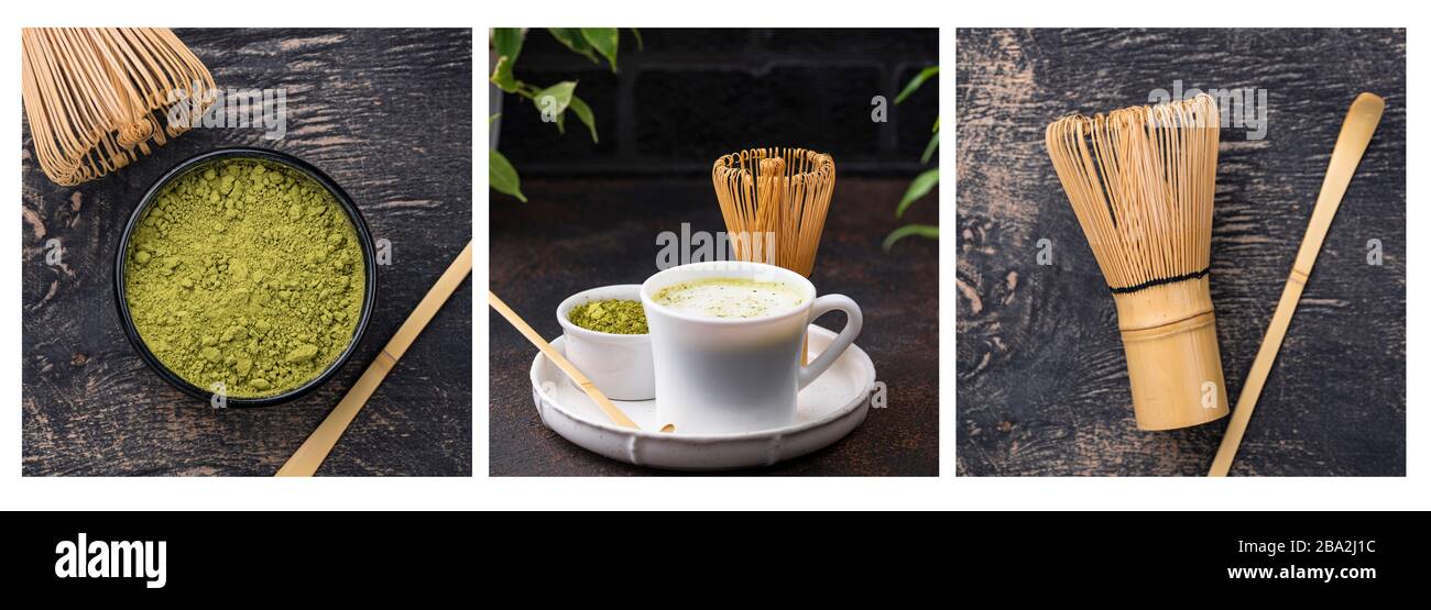 Latte Matcha e strumenti per preparare una bevanda di tè verde Foto Stock