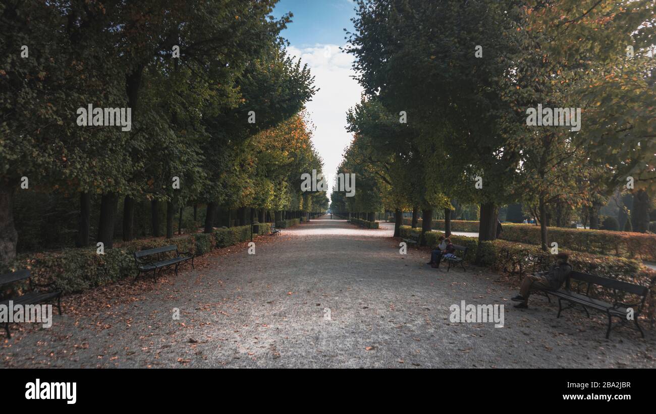 Passerella vuota e polverosa in un bellissimo giardino enorme e parco cittadino di Vienna. Foto Stock