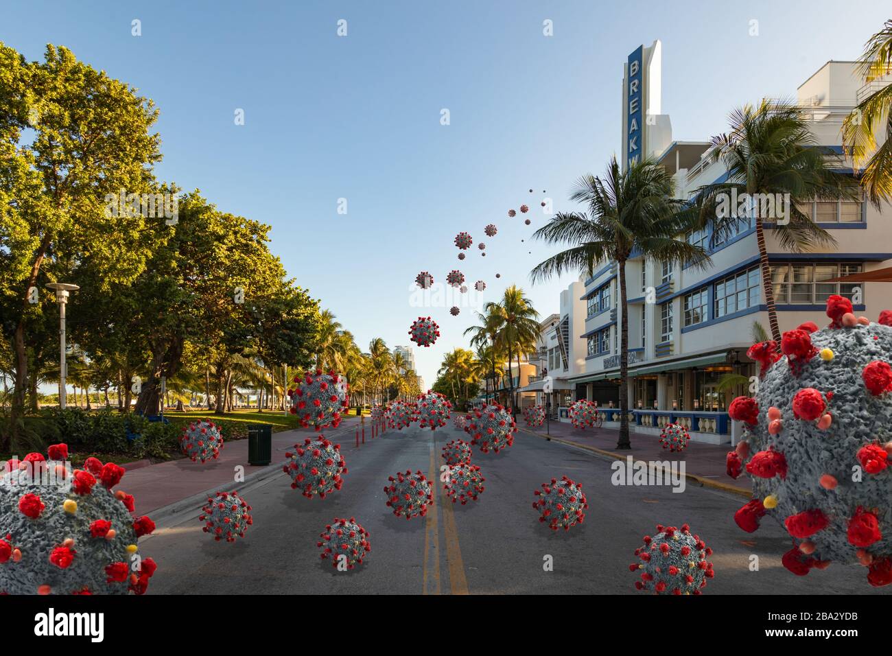 Incoronavirus che invade la strada di Ocean Drive durante Quarantine, Miami Beach, Florida, Stati Uniti Foto Stock