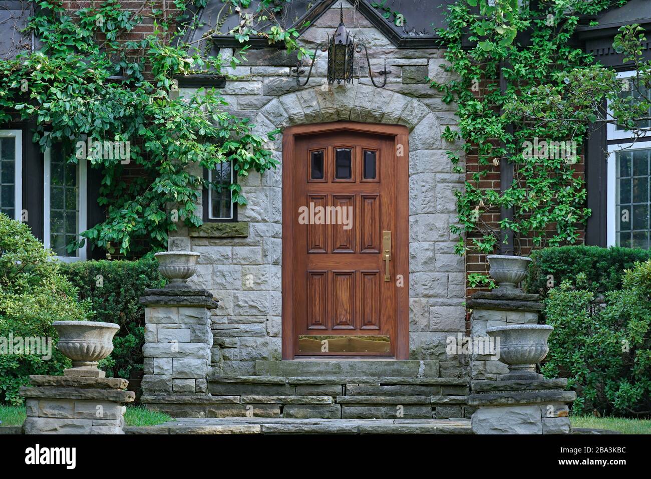 elegante porta frontale in legno di casa in pietra con vasi di fiori e viti Foto Stock