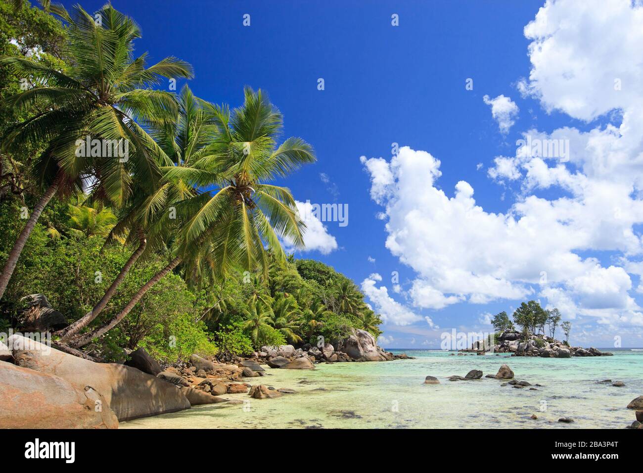 Felsen und Offenburg, La Digue, Seychellen, Indischer Ozean Foto Stock