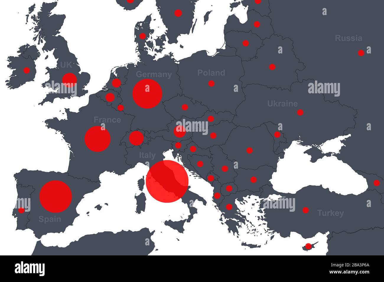 COVID-19 coronavirus in Europa, mappa casi confermati relazione con i paesi. Quarantena globale dovuta a malattia da COVID spaventosa. Concetto di nuovo virus corona Foto Stock